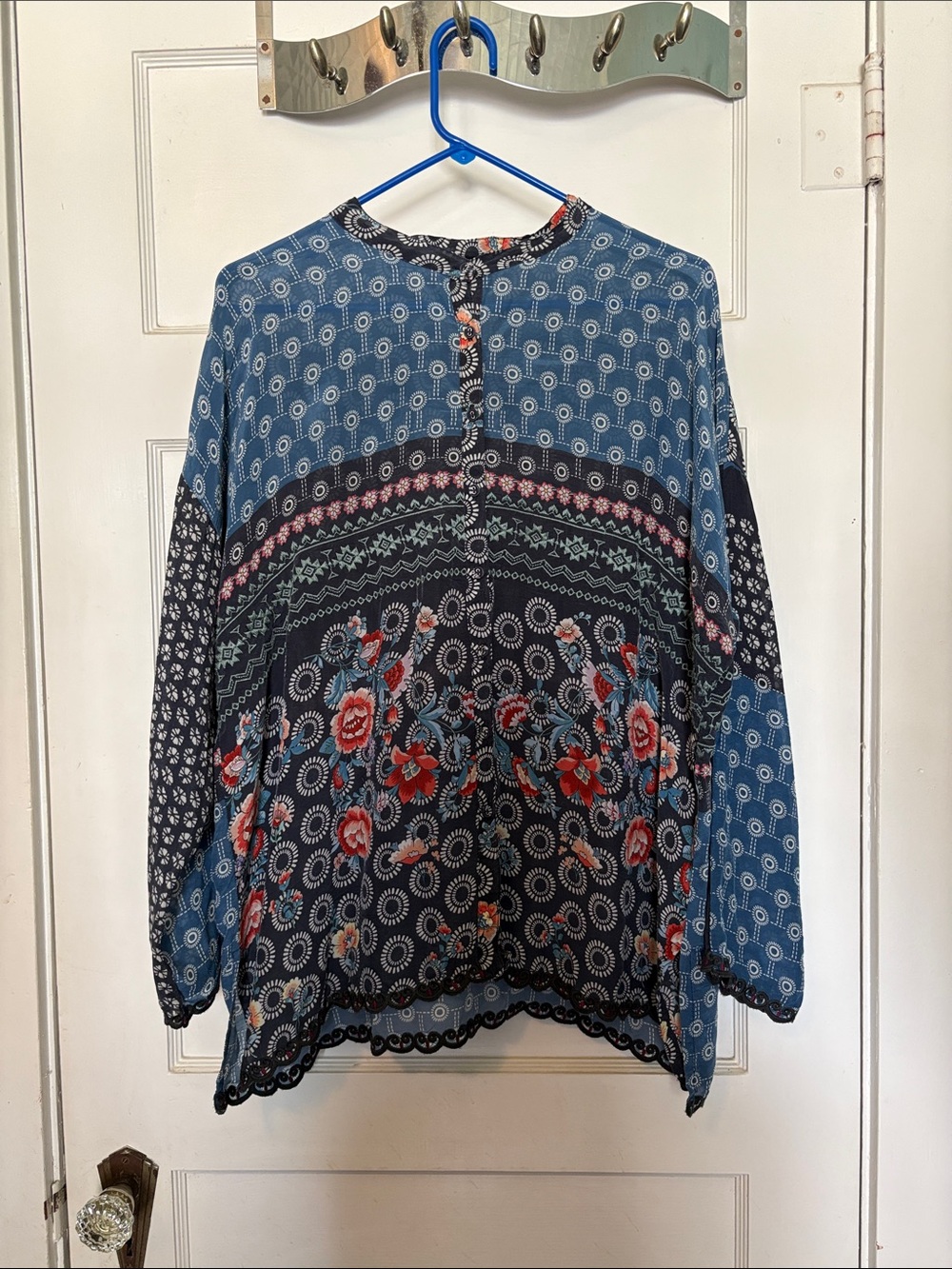 Johnny Was Boho Floral Patchwork Embroidered Peasant Blouse Size M